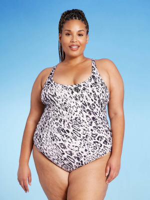 Women's Plus Size Strappy Back One Piece Swimsuit - All In Motion™ Cream Animal Print