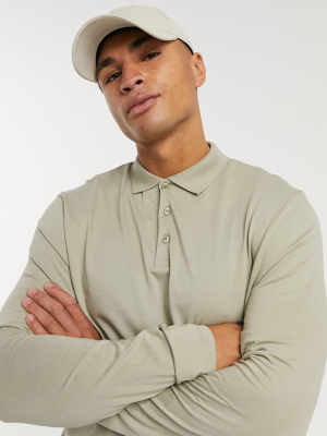 Asos Design Organic Long Sleeve Polo In Beige