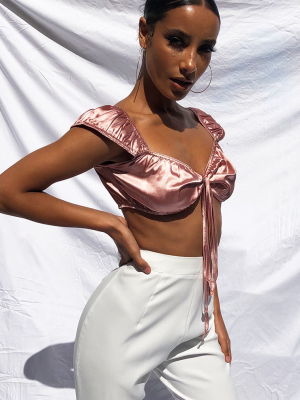 Blush Pink Satin Bardot Tie Detail Crop Top