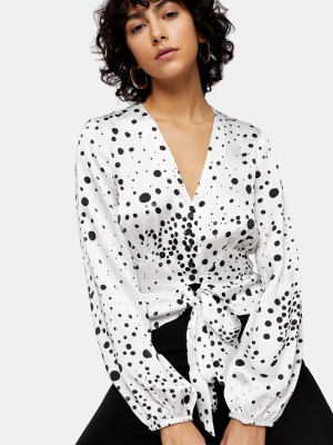 Black And White Animal Print Frill Tie Blouse