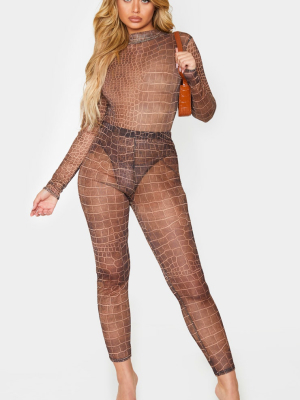 Brown Croc Print Mesh Leggings