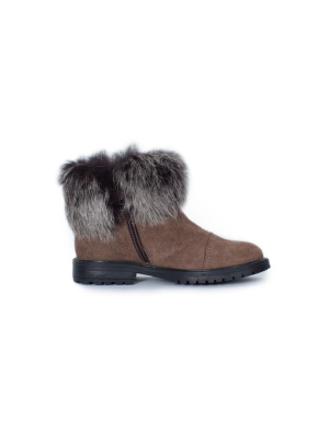 Girl's Brown Suede Ankle Boots With Faux Fur