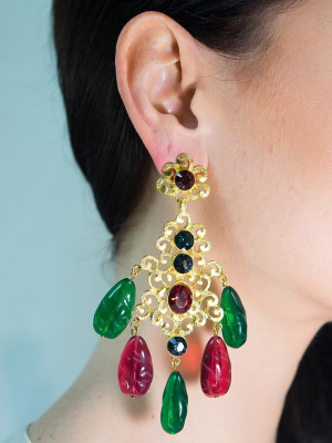 Multicolored Filigree Drop Clip Earrings