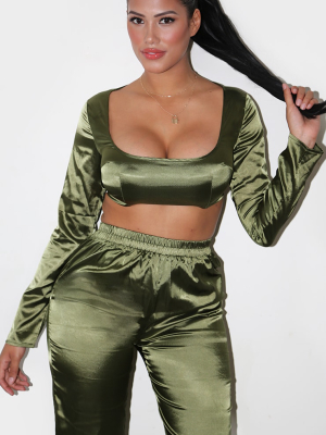 Shape Khaki Satin Square Neck Crop Top