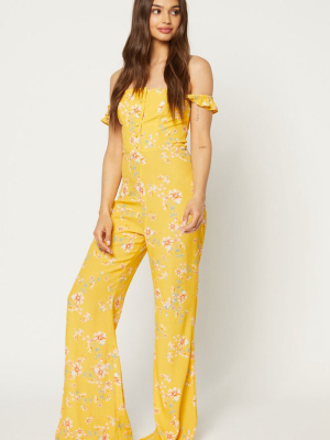 Bardot Ruffle Off Shoulder Jumpsuit - Touch Of Honey Floral Print