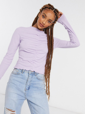 Monki Ruchie Ruched Front Long Sleeve Top In Lilac
