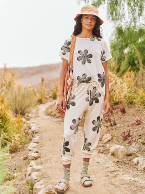 The Cropped Sweatpant. Novelty -- Washed White With Daisy Stamp