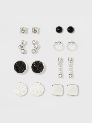 One Clear Stone, One Open Circle, Two Flat Circles, One Square, One Bar, One Pave Circle & Cluster Of Two Stones Earring Set - A New Day™ Silver