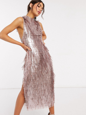 Asos Design All Over Fringe Embellished Midi Dress