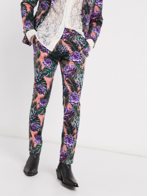 Twisted Tailor Super Skinny Suit Pants With Palm Plant Print In Peach