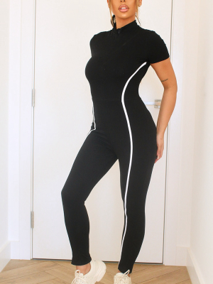 Black Sports Stripe Short Sleeve Jumpsuit