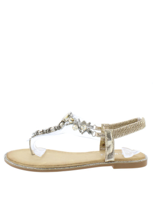 Tray3101 Light Gold Jewel Thong T Strap Slingback Sandal