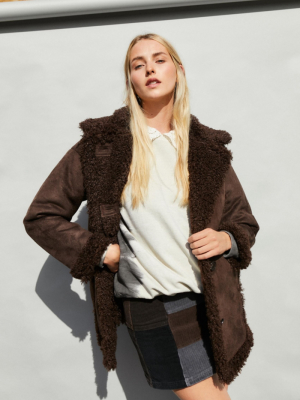 Uo Faux Shearling Black Longline Coat