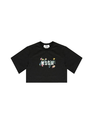 Msgm Floral Logo Printed Cropped T-shirt