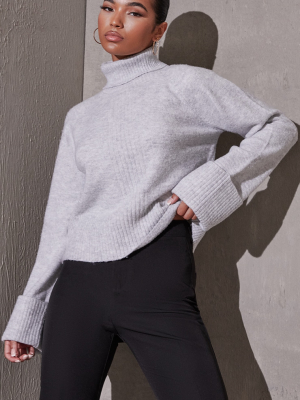 Light Grey Recycled Deep Cuff Roll Neck Sweater