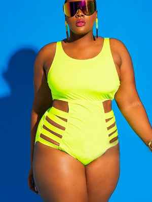 Plus Size Solid Strappy Cutout Monokini One Piece Swimsuit