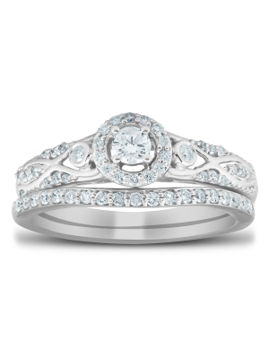 Pompeii3 1/2 Ct Halo Round Diamond Vintage Engagement Wedding Ring Set 10k White Gold