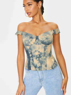 Grey Woven Tie Dye Frill Shoulder Corset Top