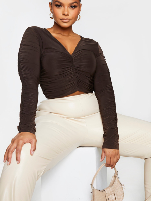 Plus Chocolate Brown Ruched Slinky Long Sleeve Top