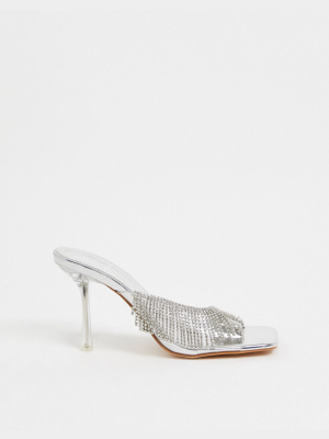 Public Desire Shimmer Embellished Heeled Mules In Silver