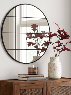 27" Round Window Pane Metal Wall Mirror Black - Threshold™