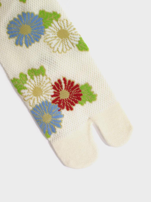 Tabi Socks, Cream With Red And Blue Kiku  (s/m)