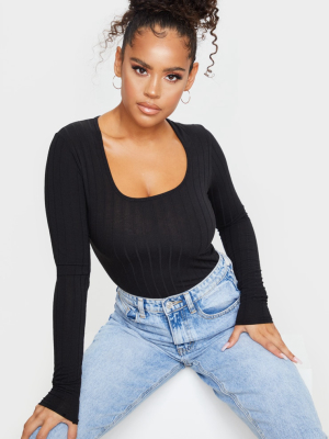 Black Jersey Rib Square Neck Long Sleeve Bodysuit