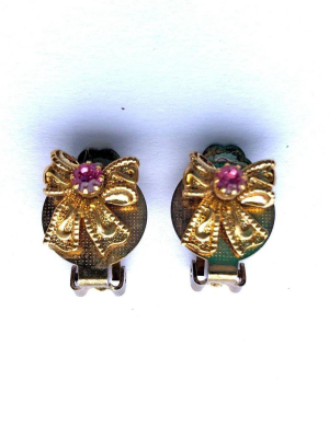 Vintage 1950s Gold Bow With Pink Rhinestone Earrings