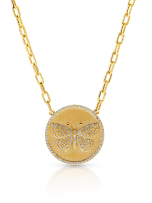 14kt Yellow Gold Diamond Butterfly Medallion Charm Chain Link Necklace