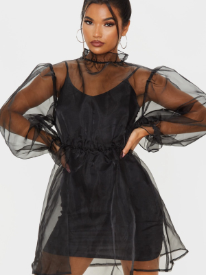 Black Organza Puff Sleeve Smock Dress