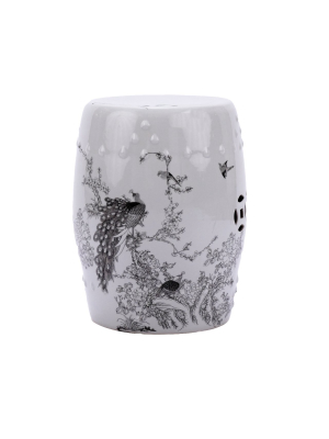 Garden Stool White With Black Peacock Motif