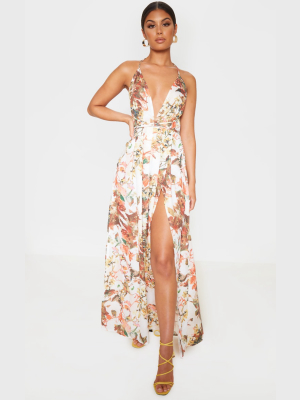 White Floral Print Chiffon Halterneck Maxi Dress