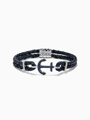 Effy Men's Sterling Silver Woven Leather Sapphire Anchor Bracelet, 0.52 Tcw