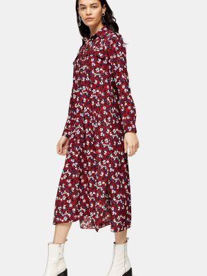 Tall Burgundy Floral Trapeze Midi Shirt Dress