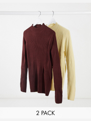 Asos Design 2 Pack Knitted Rib Turtleneck Sweater In Oatmeal & Burgundy