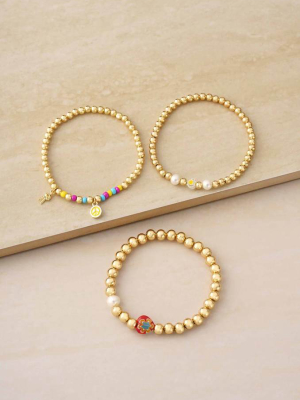 Positive Vibes Stack 18k Gold Plated Elastic Bracelets Set Of 3