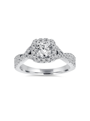 Pompeii3 1ct Cushion Halo Diamond Engagement Ring 14k White Gold