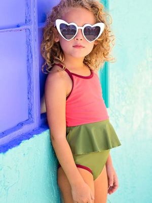 Mini Federica Color Block Ruffle Skirt One Piece Swimsuit (kids) - Sugar Coral Pink/vineyard Green