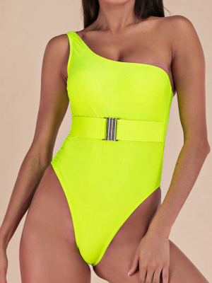 Neon Color High Leg One Shoulder One Piece Swimsuit