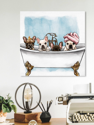 12" X 12" Frenchies In The Tub Animals Unframed Canvas Wall Art In White - Oliver Gal