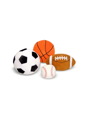 Melissa & Doug Sports Throw Pillows With Mesh Storage Bag - Plush Basketball, Baseball, Soccer Ball, And Football