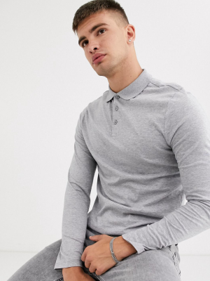 Asos Design Long Sleeve Jersey Polo In Gray Marl