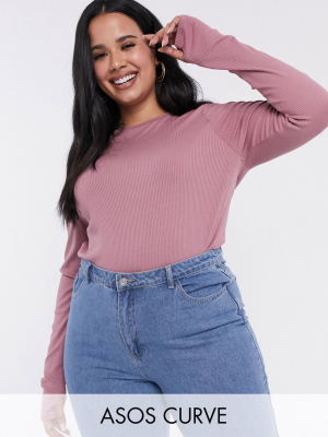 Asos Design Curve Long Sleeve Top With Thumb Holes In Rib In Mink