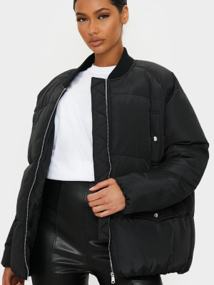 Black Nylon Panel Longline Bomber Jacket