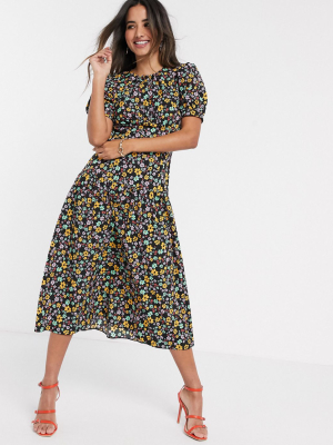 Asos Design Midi Tea Dress With Dropped Waist In Floral Print