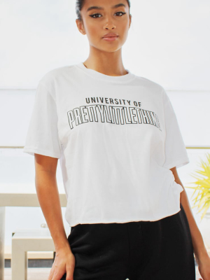 Prettylittlething White University Cropped T Shirt