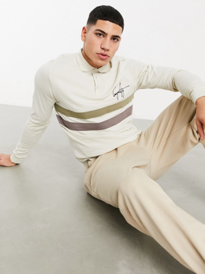 Asos Design Long Sleeve Polo Shirt With Cut & Sew Panel & Chest Embroidery