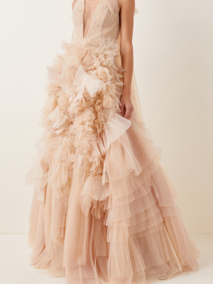 Ruffled Bow-embellished Tulle Halterneck Gown