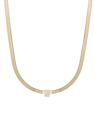 14k Gold Herringbone Chain Necklace With Pave Diamond Slide