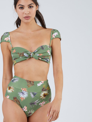 Cabana Cap Sleeve Bikini Top - Plants On Green Print